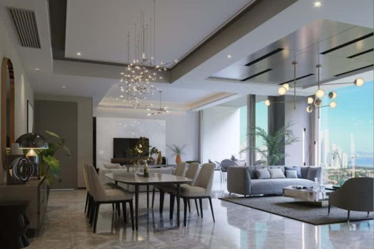 Open modern kitchen with marble island and pendant lighting PH The Ivy Panama