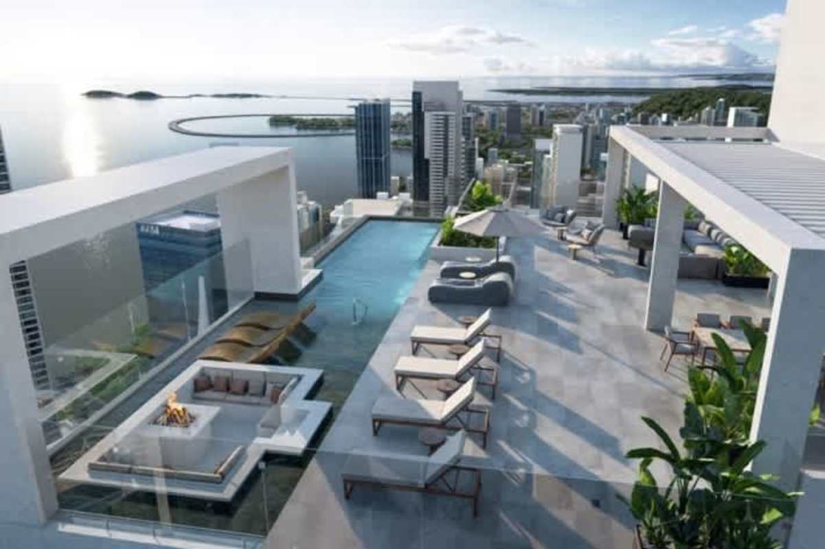 Reception lobby with large windows modern minimalist decor at PH Costanera Torre Aqua Panama