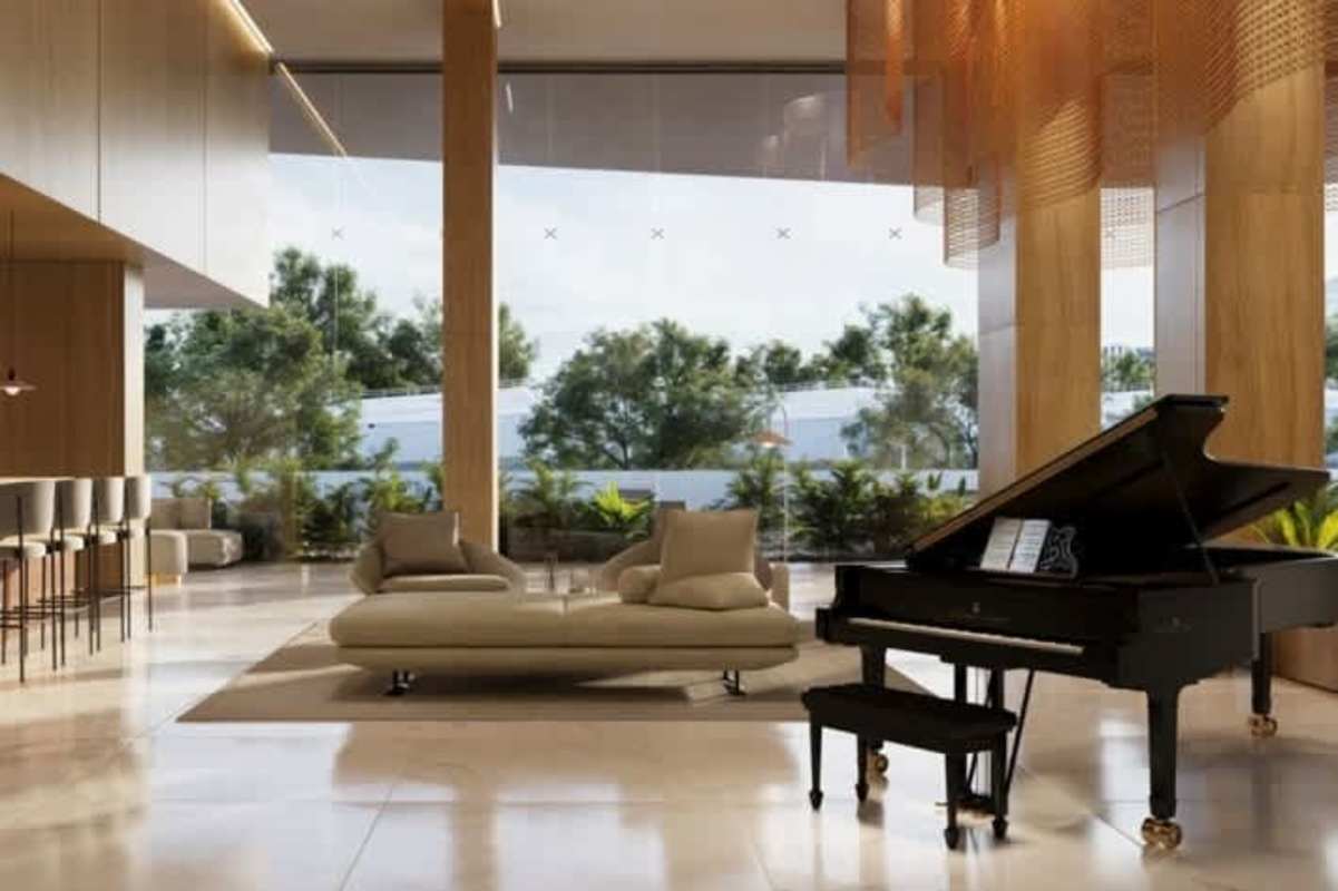 Contemporary apartment lobby with grand piano, large windows in PH Costanera Torre Aqua Avenida Balboa Panama City
