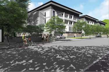 Street perspective showing The District Costa Verde apartment towers with landscaping and sidewalk