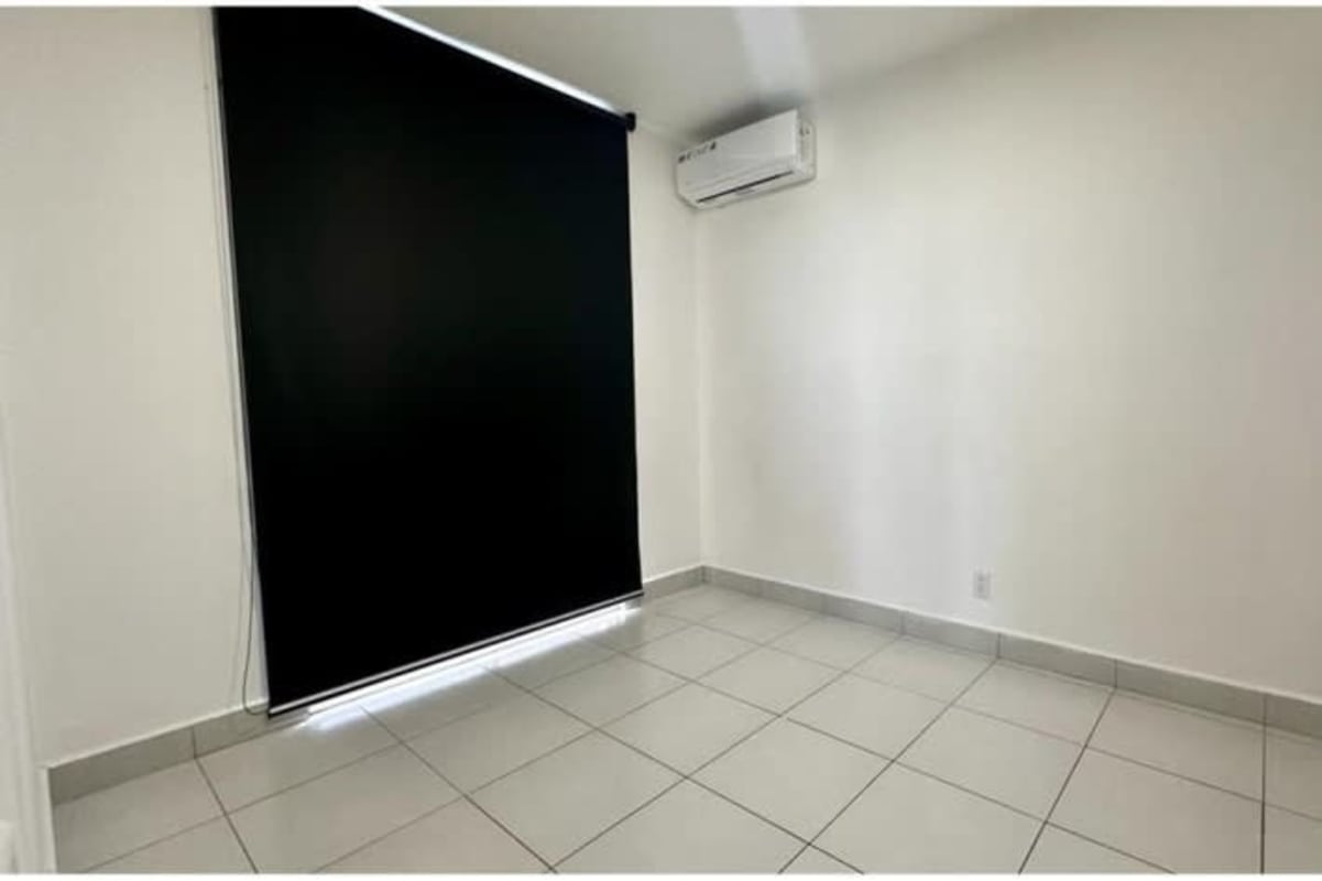 Empty bedroom with AC and blackout curtains tiled floor PH ILO Pedregal
