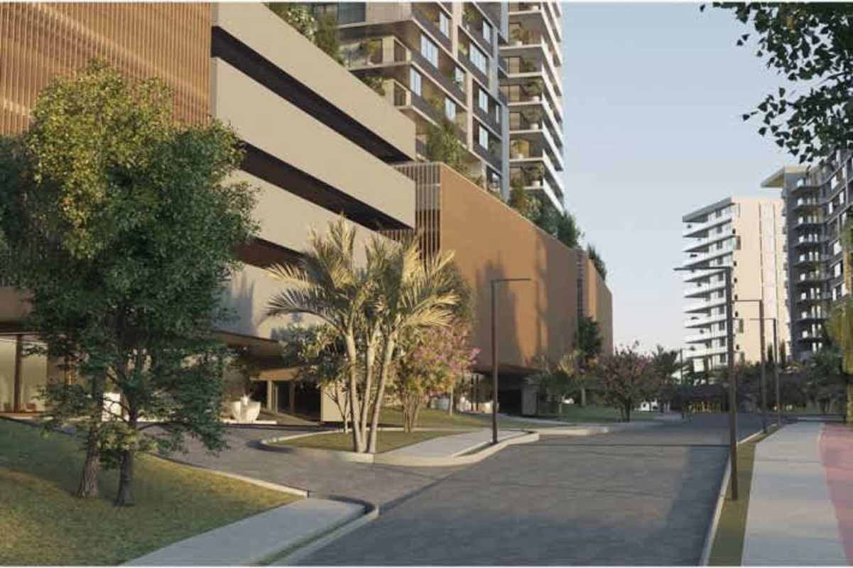 Three-bedroom apartment floor plan with balcony, two bathrooms, open kitchen at PH Natura Panama