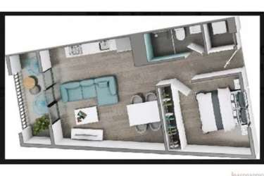 Floor plan of 1-bedroom apartment with open kitchen and balcony PH Santa Ana Residences