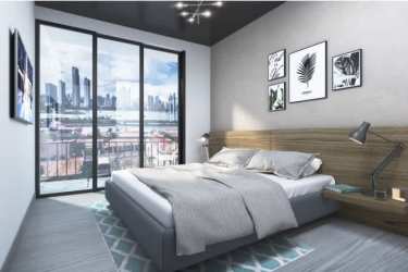 Modern bedroom with city view, floor to ceiling window, minimalist style in PH Casco Views, Panama