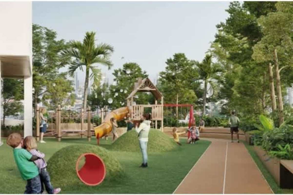 Kids playground outdoor garden with artificial grass slides swings PH Park City Edison Park Betania Panama