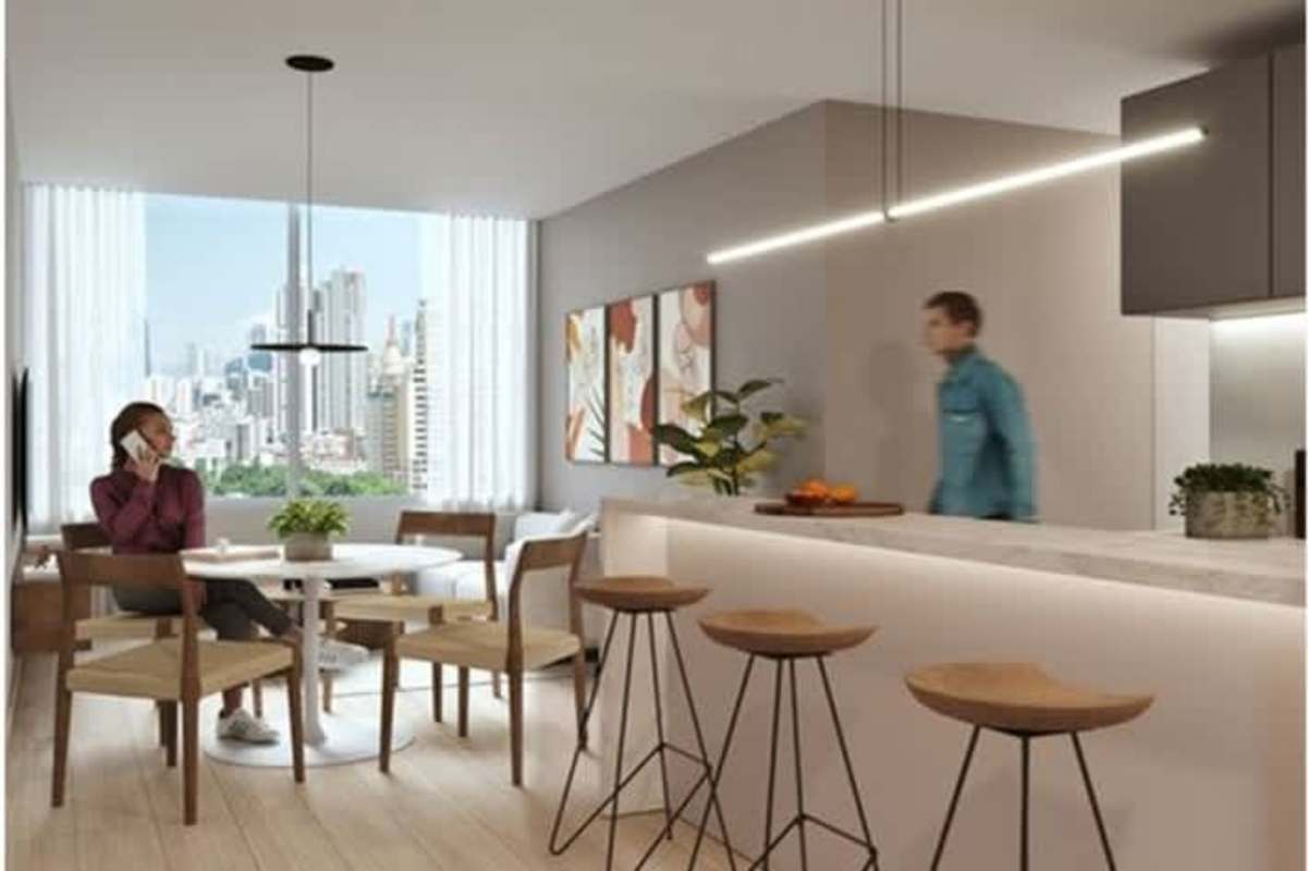 Open kitchen dining area with marble counter, large window city skyline PH Park City Edison Park Panama