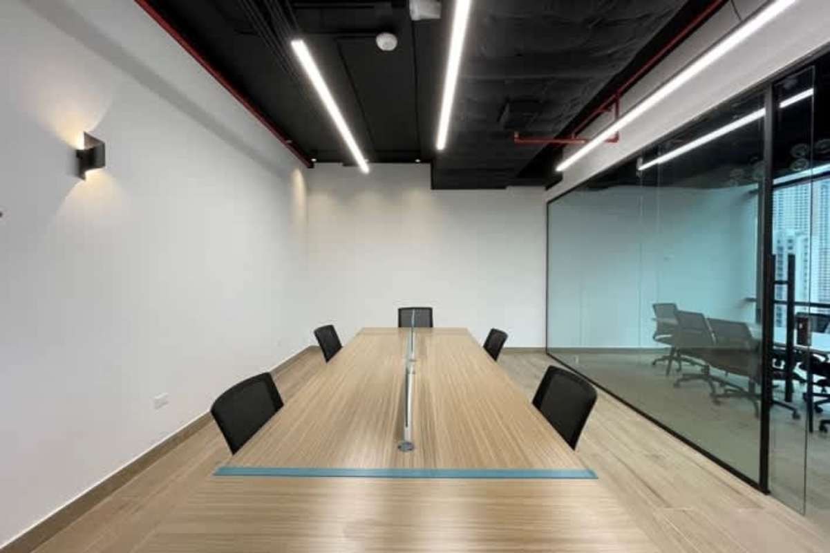 Modern elevator lobby with marble floors in Tower Financial Center on Calle 50 Panama