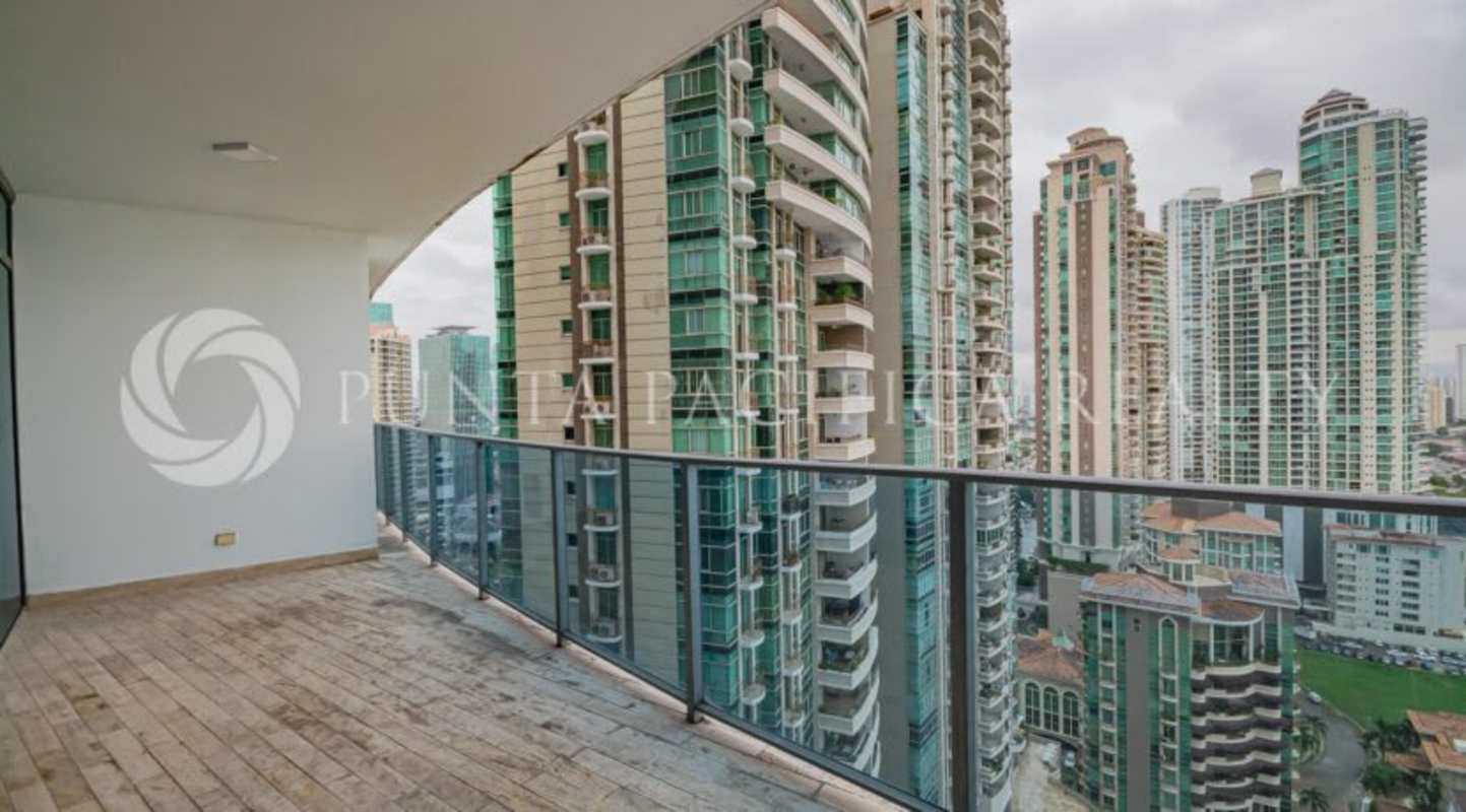 Balcony overlooking Pacific Ocean skyscrapers Punta Pacifica Grand Tower Panama
