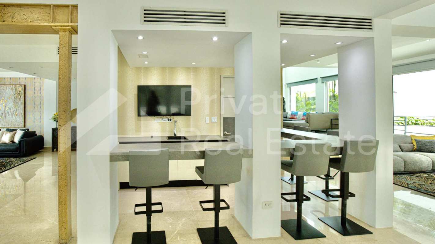 Modern bathroom with marble double vanity glass shower luxury mansion Altos del Golf Panama