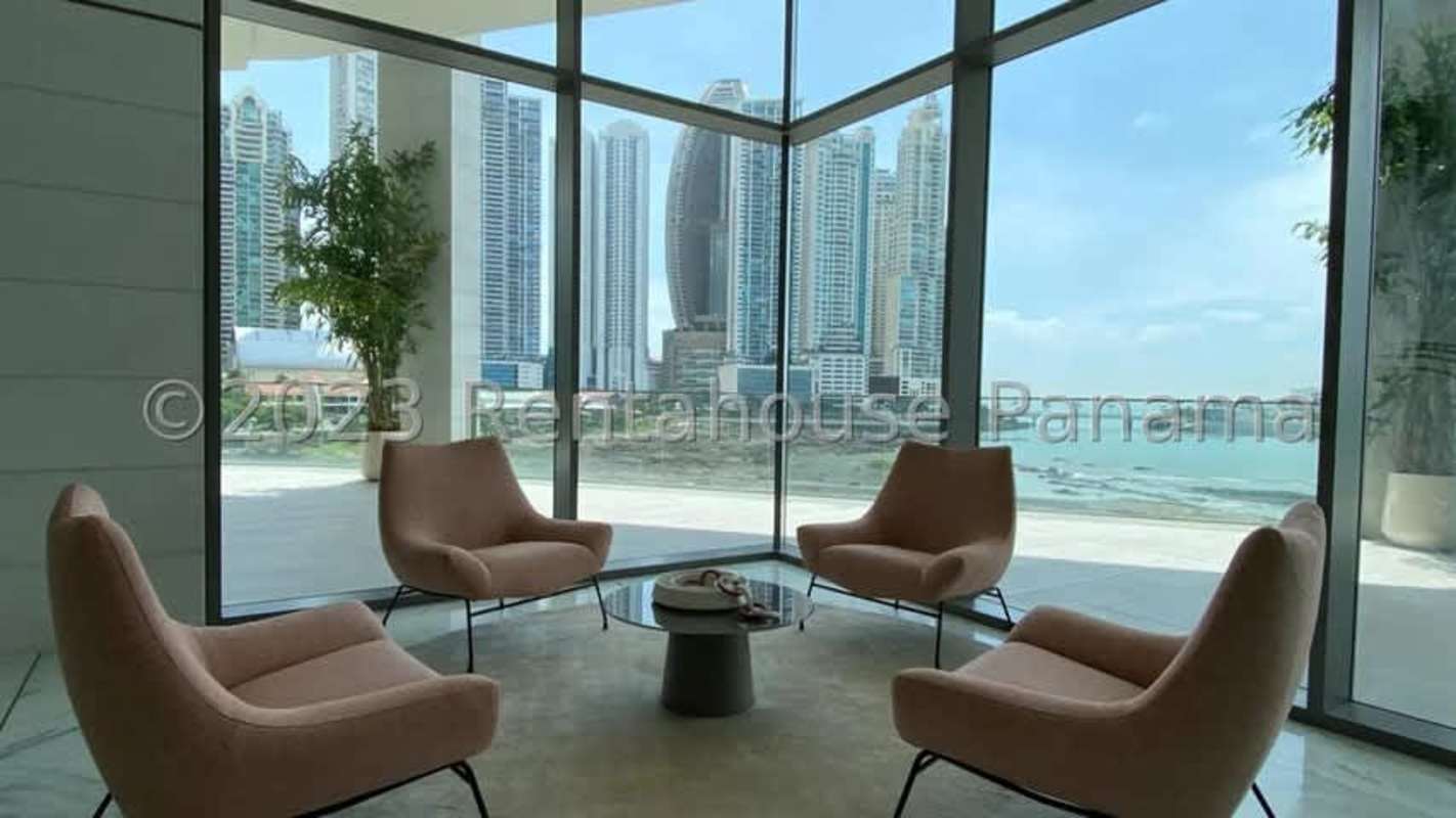Open-plan living area with balcony and skyline ocean views PH Sea Point Punta Paitilla Panama luxury apartment