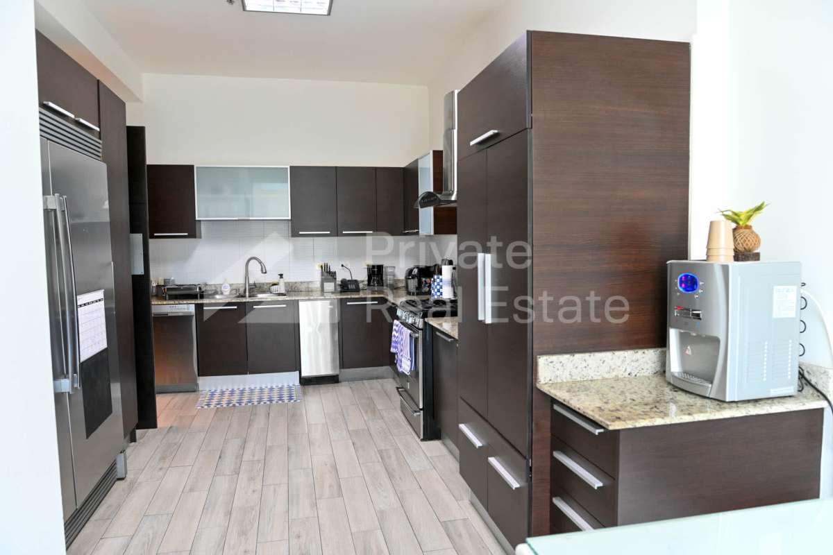 Spacious kitchen with dark cabinets, granite counters, stainless steel appliances in PH Titanium Panama