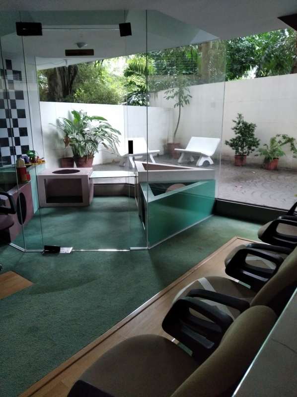 Private glass-partitioned office overlooking garden in Plaza El Carmen commercial Panama City