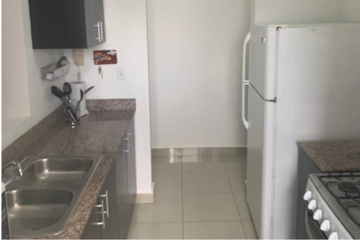 Modern kitchen with granite countertops, washer dryer unit, gas stove Park Lefevre Panama apartment