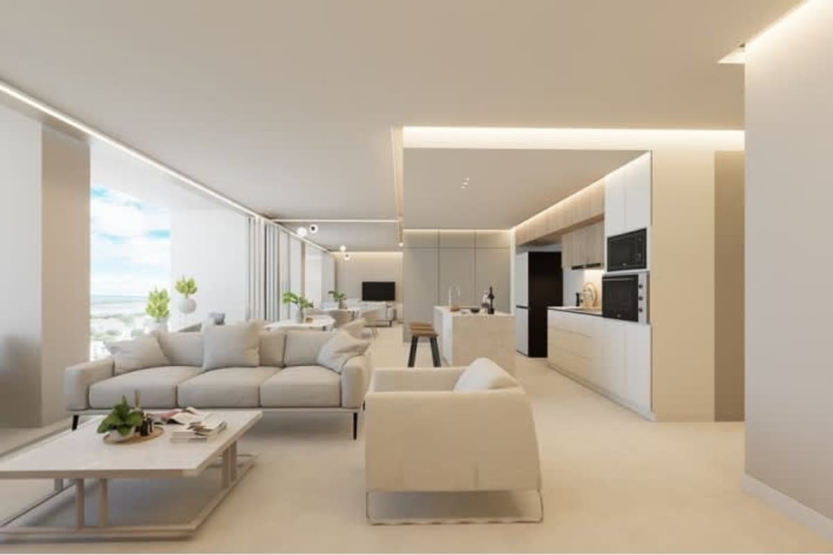 Open-plan dining and living with terrace access overlooking Panama Bay