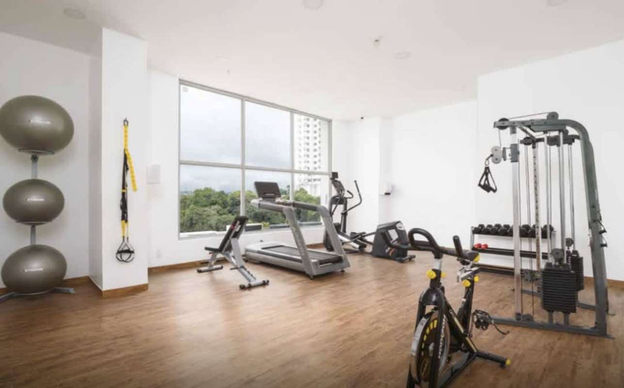Bright living room with white and blue decor navy accent wall at PH Áthas apartment 12 de Octubre Panama City