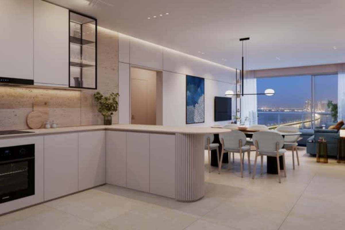 Modern rooftop terrace with dining overlooking downtown skyline and ocean in PH Kai Costa del Este Panama