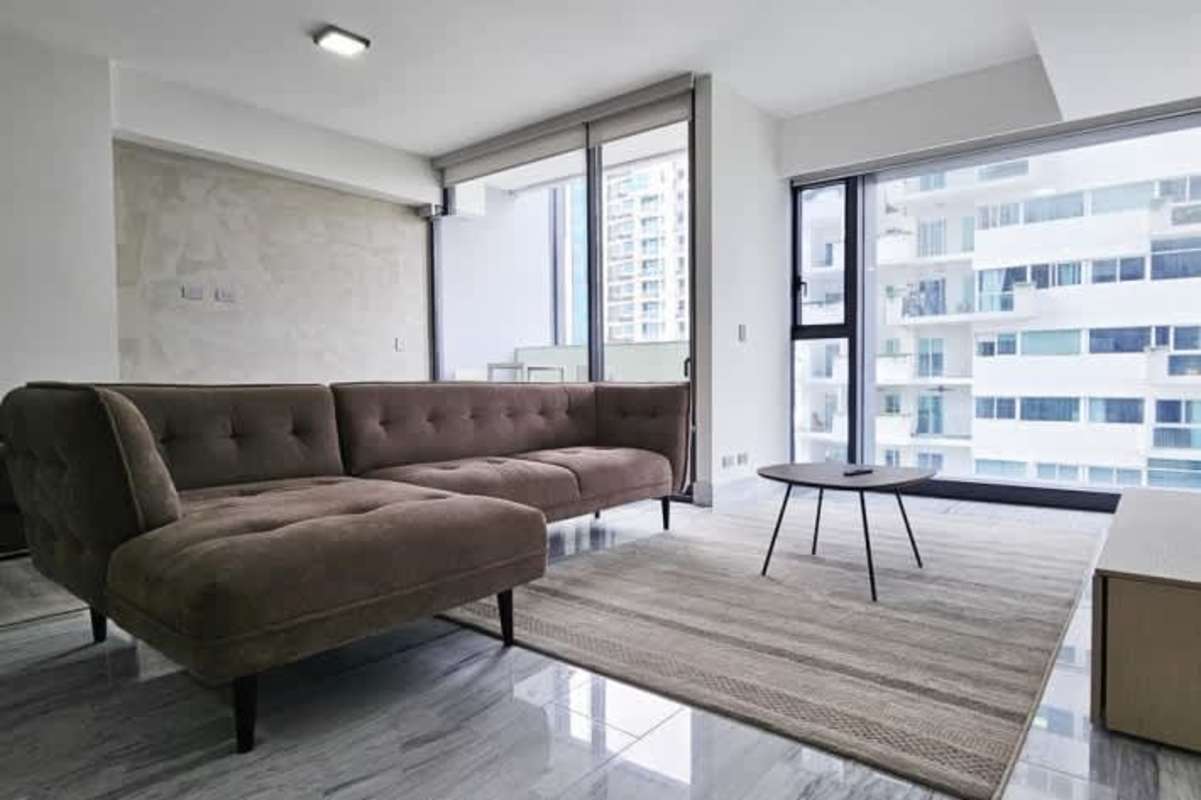 Bright master bedroom with panoramic glass windows luxury Armani Nuovo Bella Vista Panama