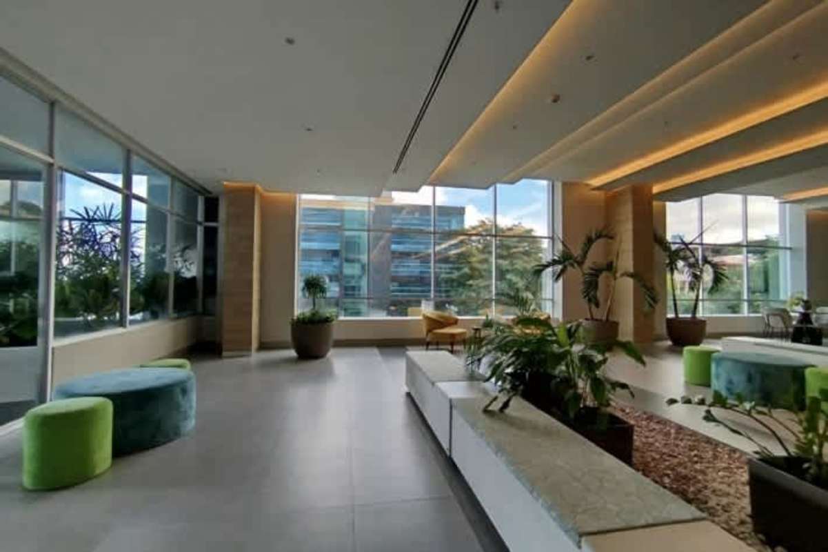 Aerial cityscape with skyscrapers greenery and blue sky Edison Park Panama City