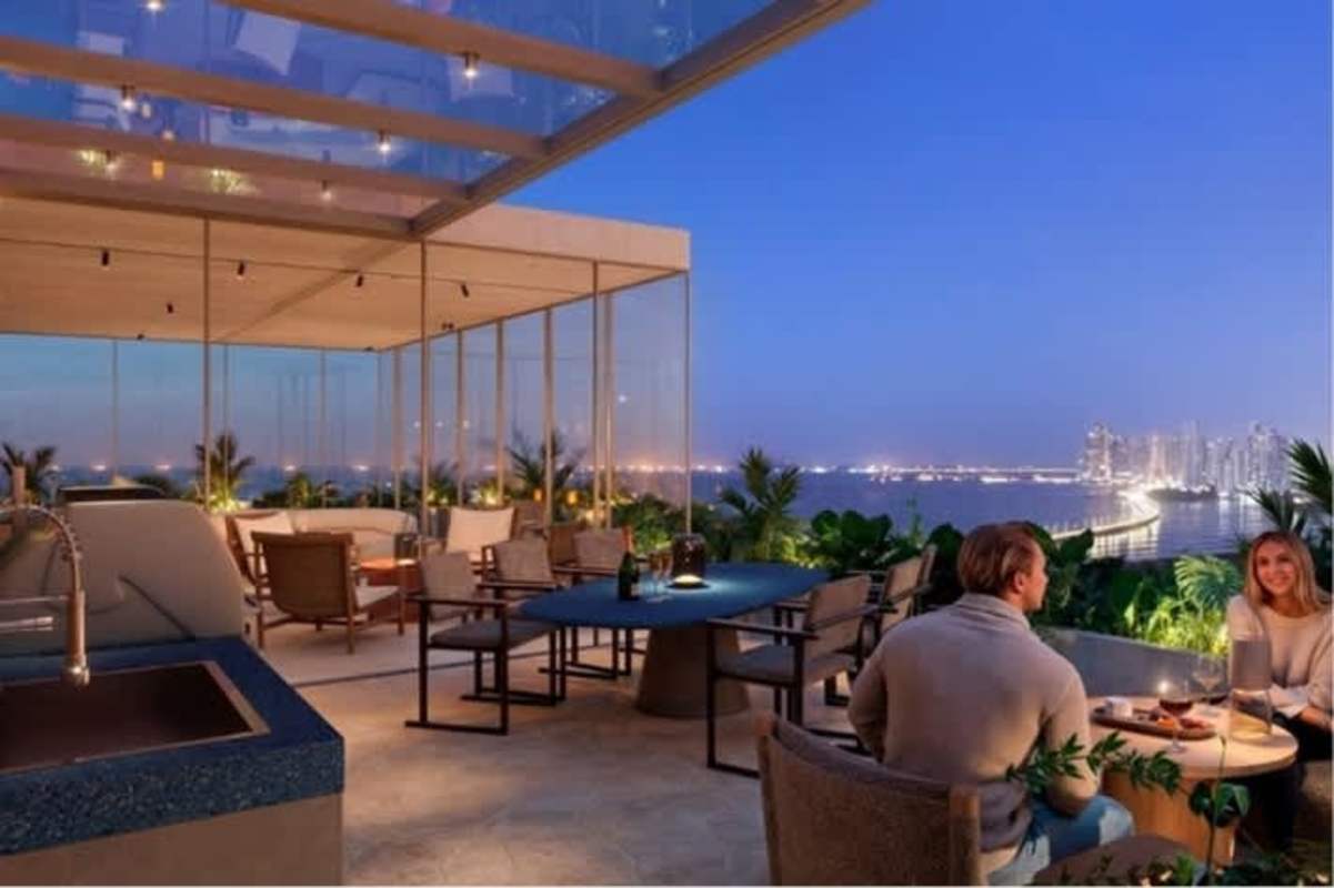 Modern terrace with night skyline and ocean view PH Kai Costa del Este Panama