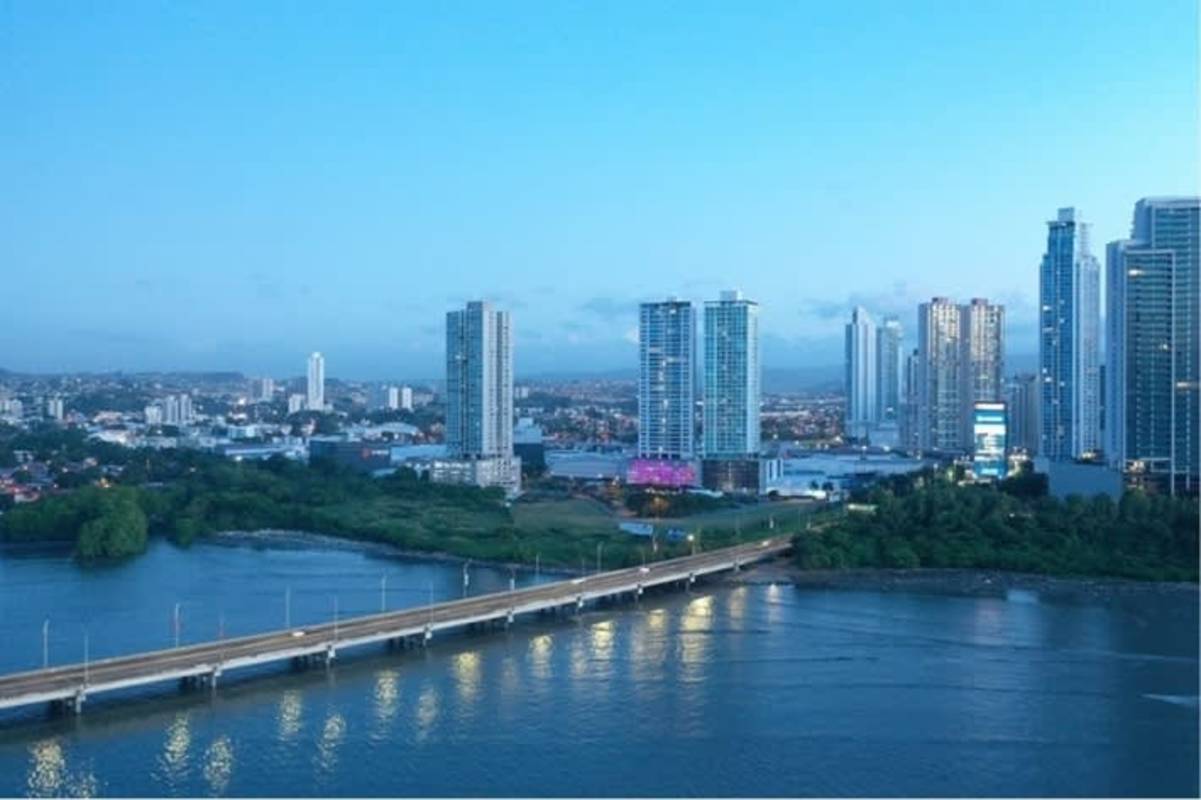 Panoramic city and oceanfront aerial view of Costa del Este and PH Kai tower