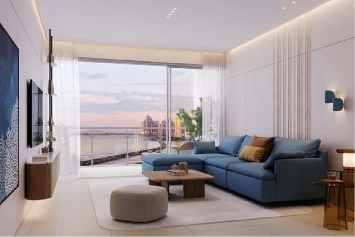 Elegant living room with floor-to-ceiling ocean view windows PH Kai Panama City
