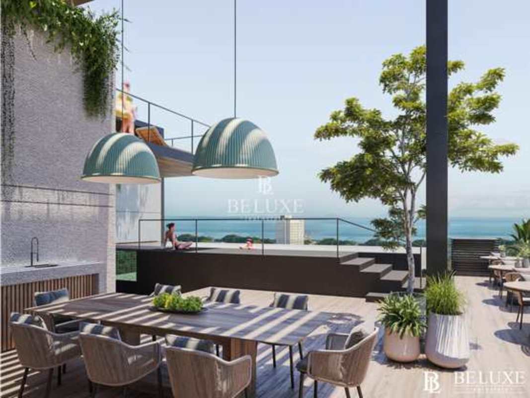 Rooftop terrace at PH Be Living with yoga zone, lounge seating, panoramic views Panama City
