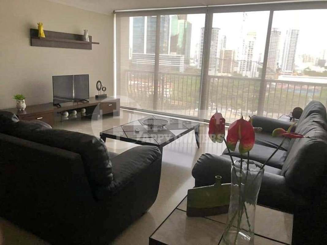 Hallway with mirror and console, beige walls, modern lighting PH Marsella apartment for rent Panama City