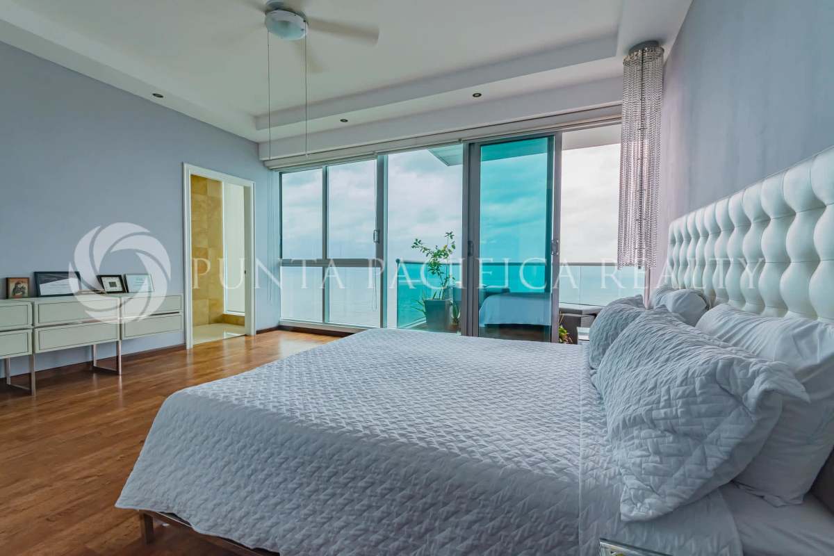 Modern ensuite master bath with soaking tub and sea views in Ocean One penthouse Costa del Este Panama