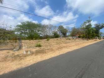 Vacant dry lot in Costa Esmeralda with clear blue sky, trees, paved road access, Panama