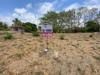 Vacant plot in Costa Esmeralda gated community with dry land, nearby trees, and clear sky