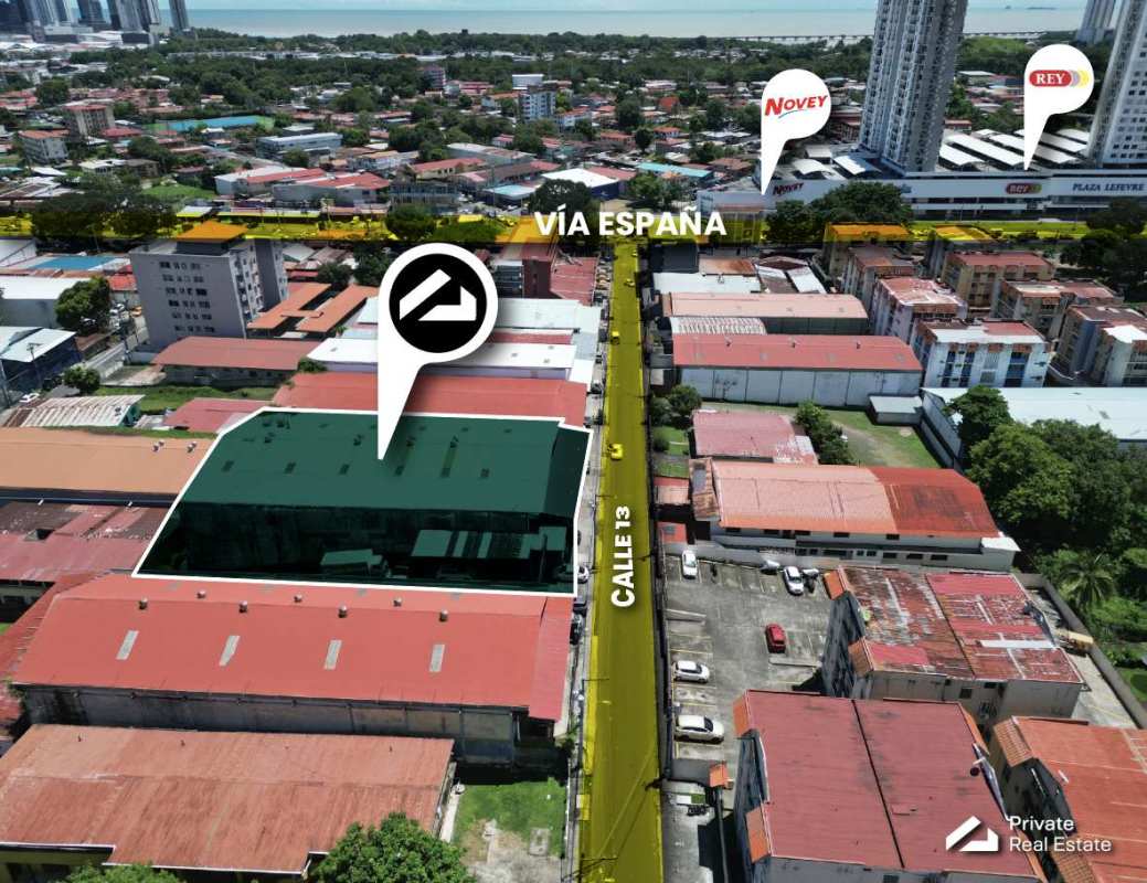 Commercial property highlighted with nearby Via España, ideal for warehouse in Panama