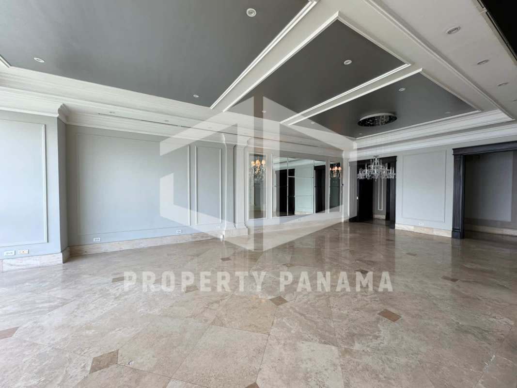 Elegant living room with marble floors, chandelier, mirror walls at PH Peninsula Punta Paitilla Panama