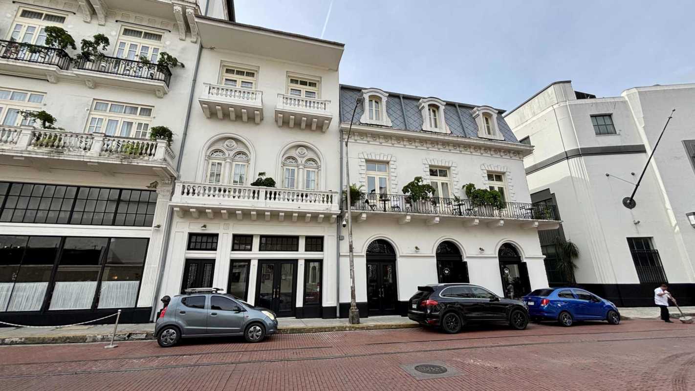 Elegant white neoclassical facade historic building Casco Viejo Panama City