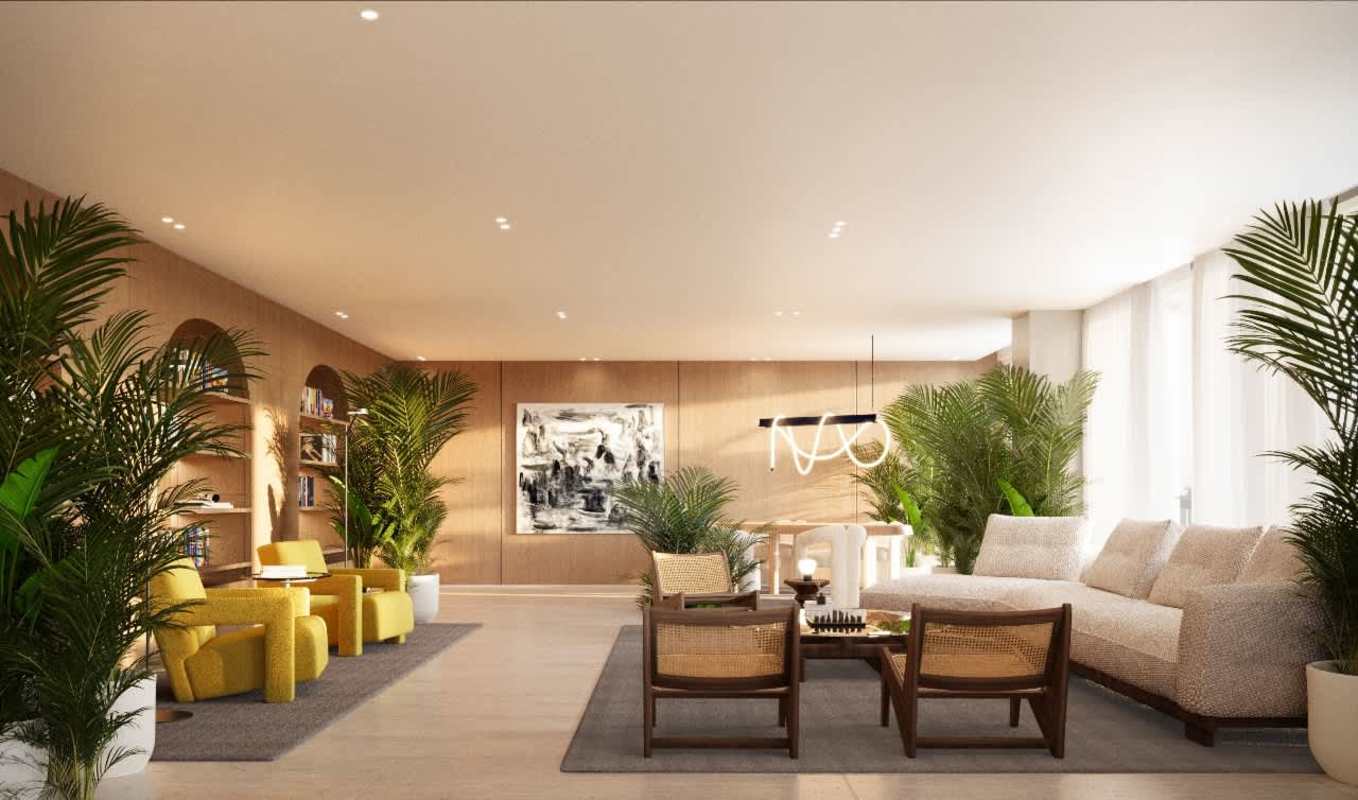 Spacious lounge with neutral colors, wood accents, plants at PH Nautilus Panama