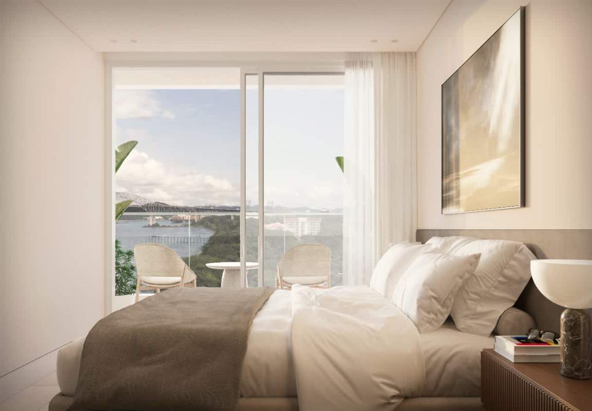 Modern bedroom featuring balcony with Panama Canal view at PH Nautilus Amador