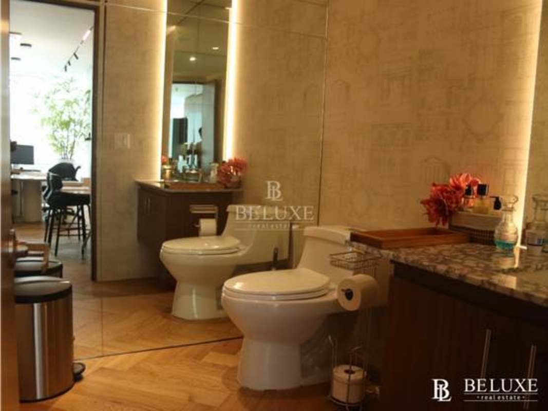 Reception lobby glass entrance decorative art Santa Maria Business Tower Panama