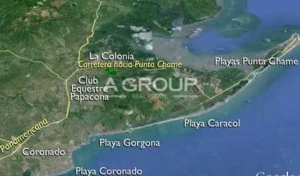 Aerial satellite map highlighting coastal towns from Punta Chame entrance to Coronado