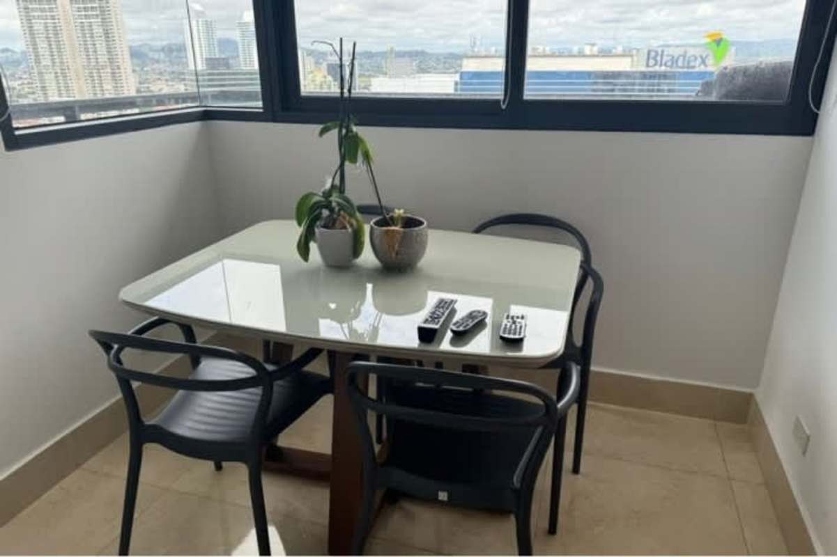 Elegant bathroom with mosaic tile, large mirror, shelves, modern sink in PH Mirador Costa del Este Panama