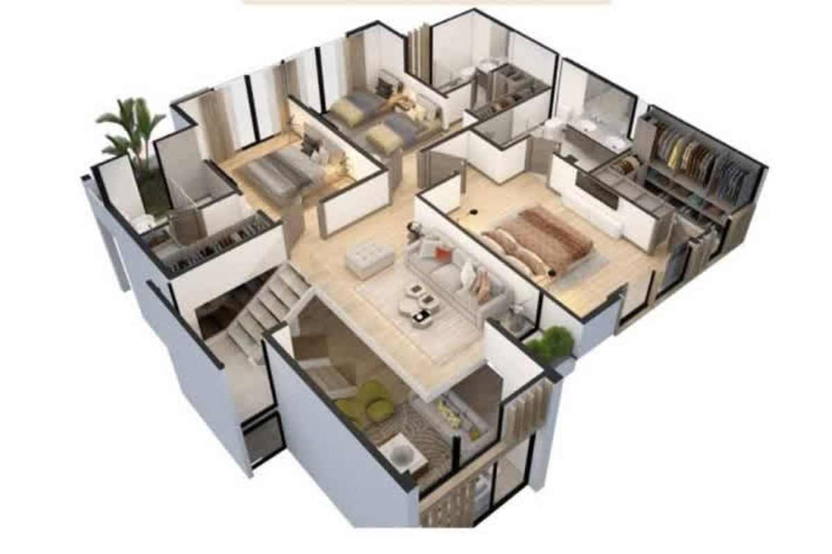 3D apartment floor plan with multiple bedrooms, modern design, spacious interiors at Green City Panama