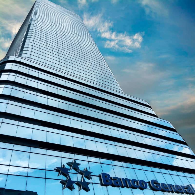Modern curved glass facade Banco General Tower in Panama City financial district