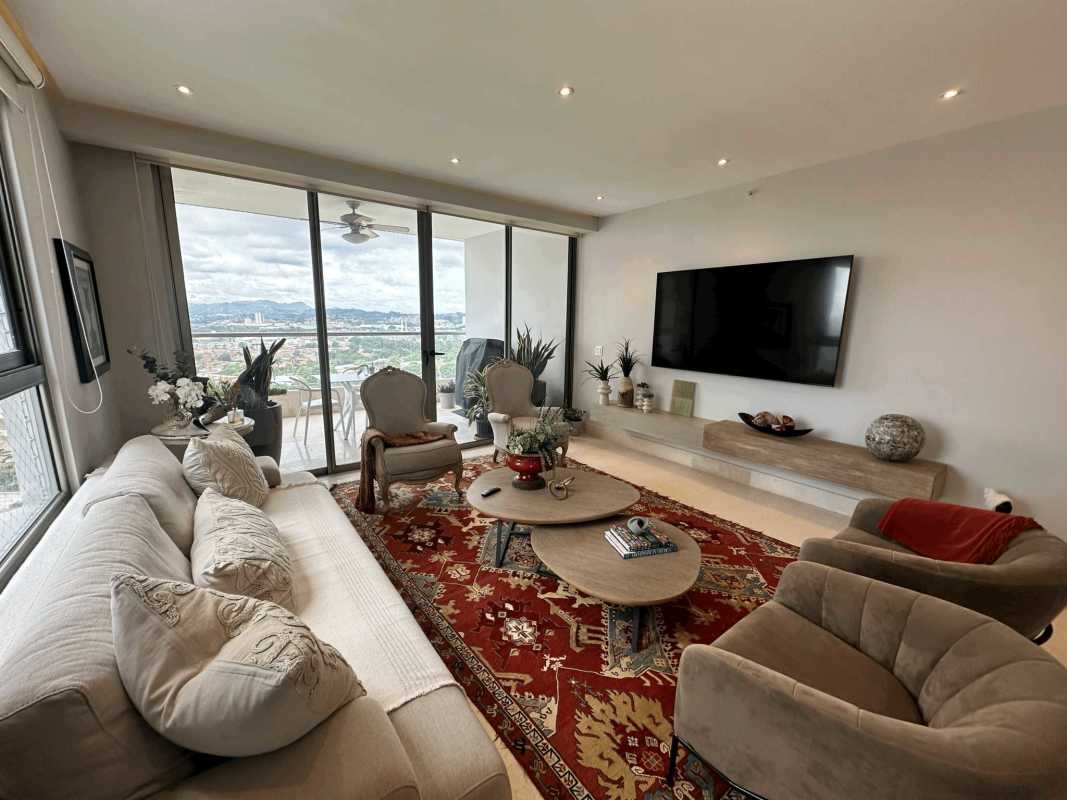 Spacious living and dining with marble floors panoramic views balcony Greenview Panama