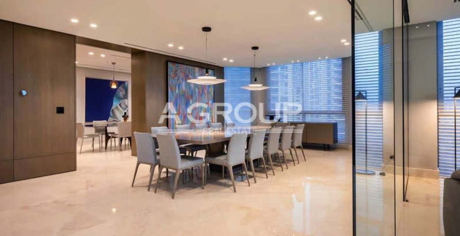 Luxury dining room spacious area with modern lighting fixtures in Pacific Point Punta Pacifica Panama