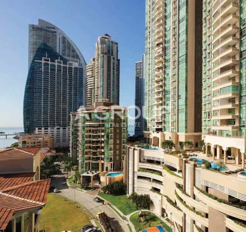 Sleek modern lobby with designer lighting lounge seating in Pacific Point Tower 400 Punta Pacifica Panama