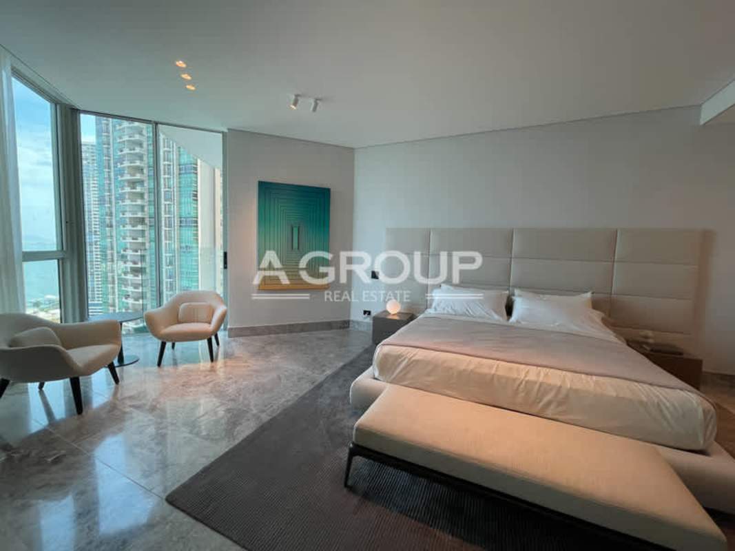 Modern kitchen with island, stainless appliances, and city views in Pacific Point Tower 400 Panama City