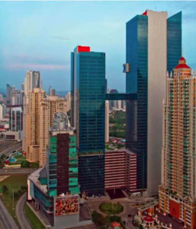 Sky bridge connecting skyscrapers of Oceanía Business Plaza in Punta Pacífica business district Panama City