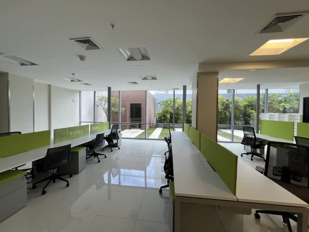 Bright office interior with large windows and garden view in boutique corporate tower Costa del Este