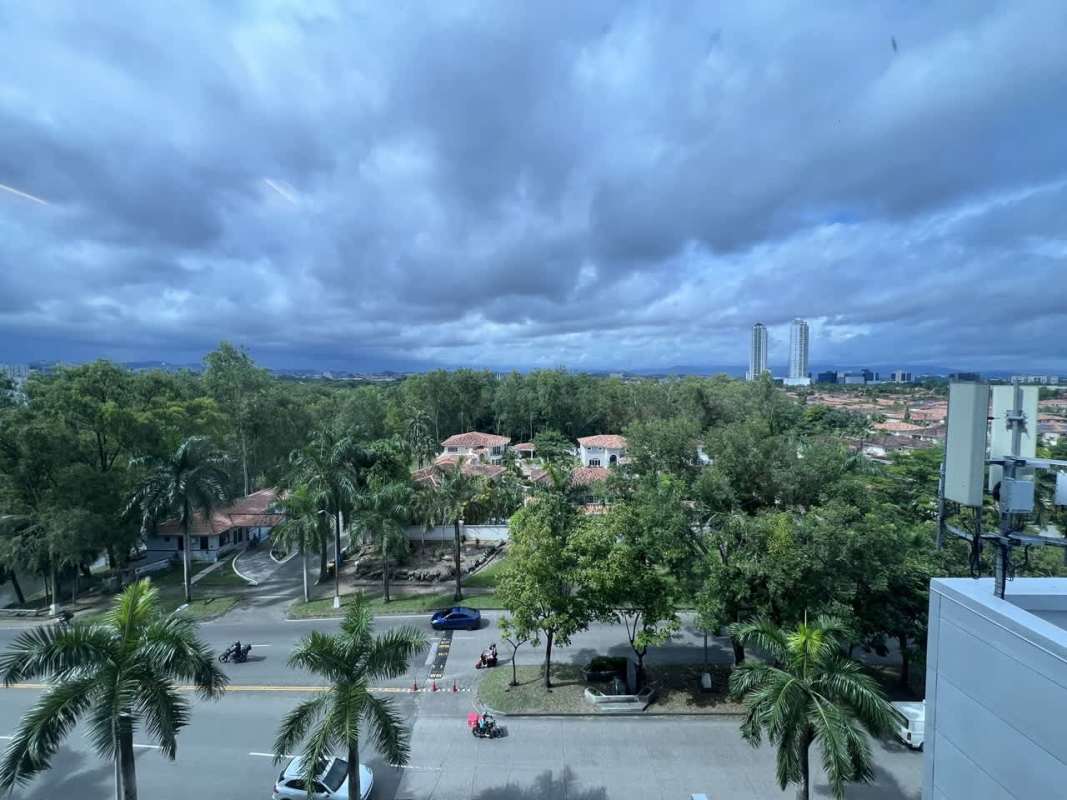 Urban skyline and tree-lined streets from corporate office Costa del Este Panama City