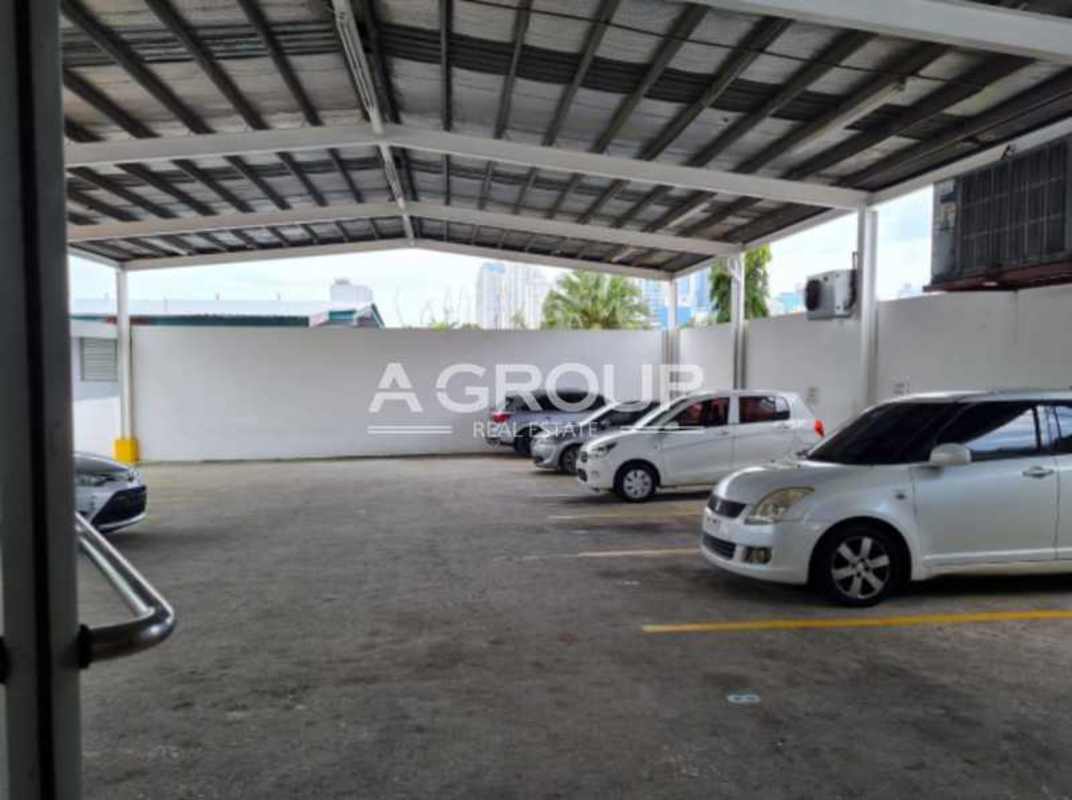 Shopping plaza exterior with storefronts parking and signage Calle 50 Obarrio Panama