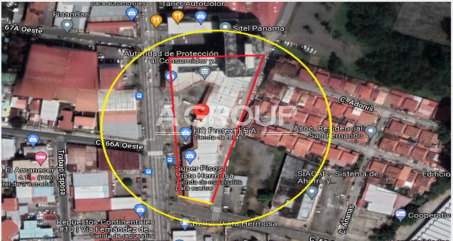 Aerial view of Plaza Cordoba's outlined property corner lot with major street frontages in Panama City