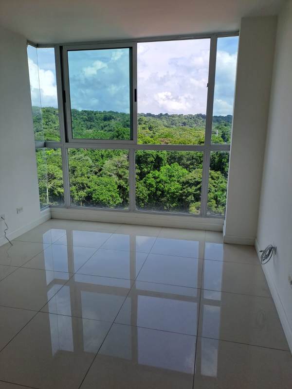 Bright empty room with large windows overlooking green forest PH Coral Plaza Tumba Muerto Panama
